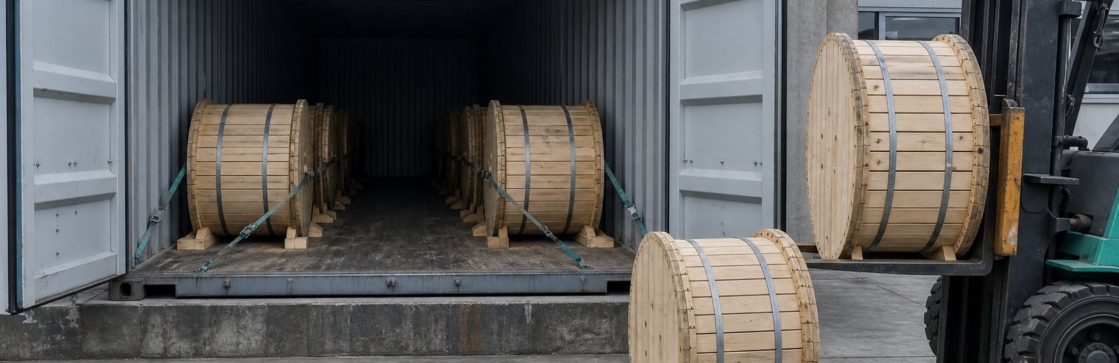 Cable drums battened for shipment, being loaded into a 40 ft container