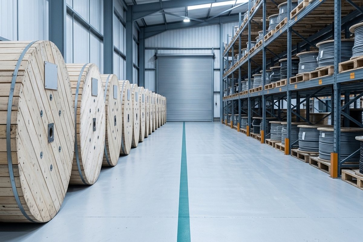 Battened cable drums standing on their flange edges in a despatch warehouse