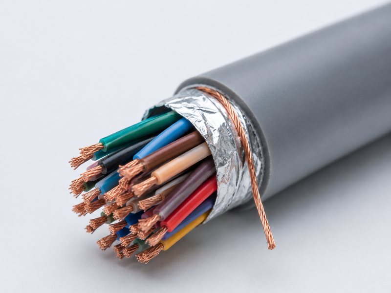 Cut end of a screened control cable: colour-coded copper cores under a foil screen with a drain wire, in a grey sheath
