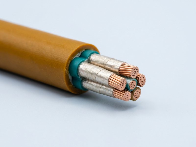 Cut end of a cable in an orange sheath: copper conductors each wrapped in tape, over a green inner covering