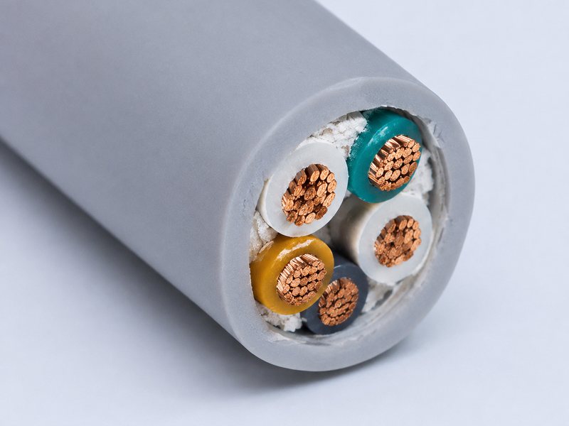 Cutaway of a halogen-free cable in a light grey sheath: colour-coded copper conductors bedded in filler