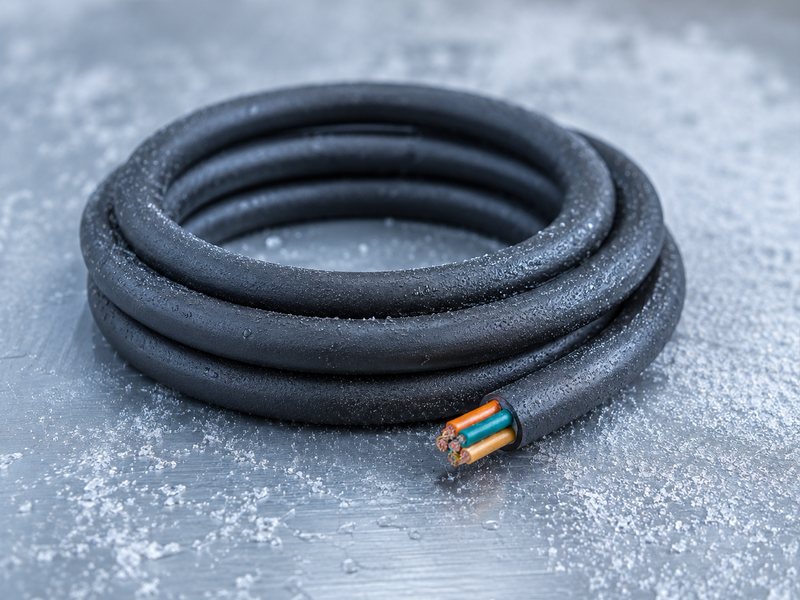 A coil of black rubber-sheathed cable on a frosted metal surface, the cut end showing colour-coded cores