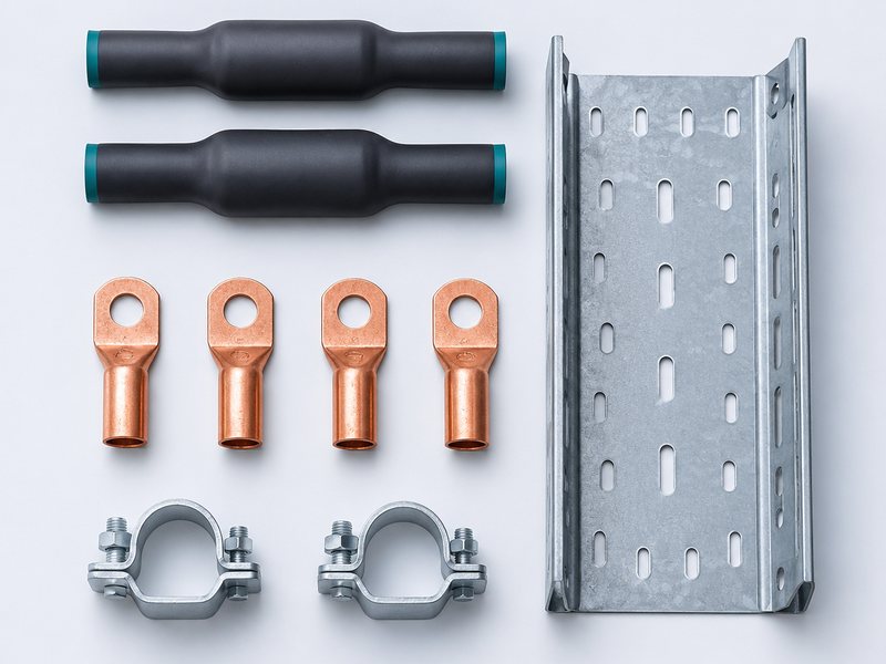Cable accessories laid out: heat-shrink joints, copper cable lugs, pipe clamps and a section of galvanised cable tray